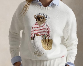 Suéter Polo Bear branco RL em algodão | Suéter clássico bordado | Presente para ela