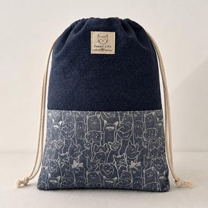 Large Drawstring Project Bag, Cat Print Knitting Bag, Denim Yarn Bag with Pockets, Handmade Craft Storage Bag