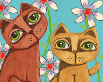 Mood Whimsical Cat Flowers painting original art GOSHRIN Cindy Bontempo