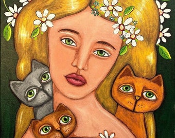 Folk  Art Cat Lady painting original GOSHRIN Cindy Bontempo