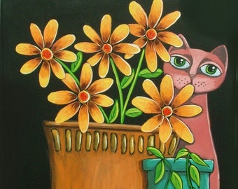 Folk  Art Cat Floral painting original GOSHRIN Cindy Bontempo