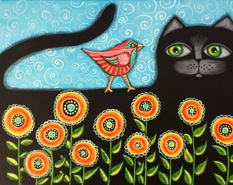 Folk  Art Cat Bird painting original GOSHRIN Cindy Bontempo