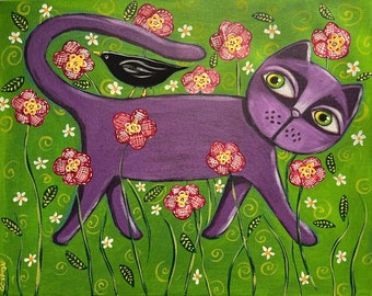 Folk Cat Bird Flowers Garden painting original GOSHRIN Cindy Bontempo