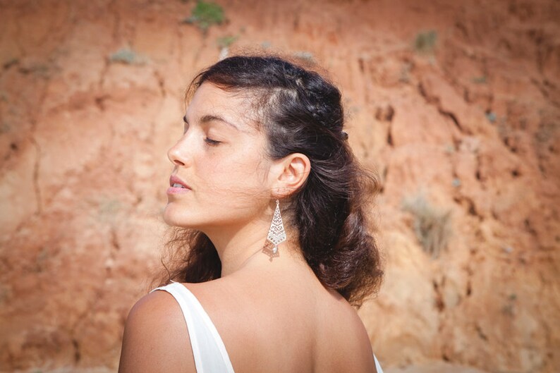 delicate goldfield Long rhombus shape micro macrame earrings boho wedding jewelry white pearl earrings for bride,Boho wedding earrings