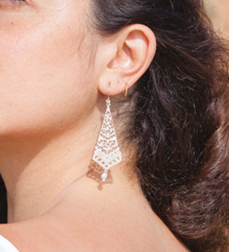 delicate goldfield Long rhombus shape micro macrame earrings boho wedding jewelry white pearl earrings for bride,Boho wedding earrings