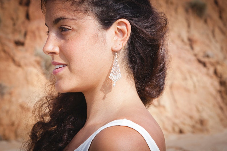 delicate goldfield Long rhombus shape micro macrame earrings boho wedding jewelry white pearl earrings for bride,Boho wedding earrings
