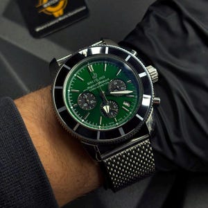 Vintage Breitling Superocean green dial 42mm Men's Watch Stainless steel mesh Bracelet fully functional chronograph