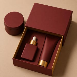 May include: A dark red skincare gift set featuring a square dropper bottle with a gold cap, a squeeze tube with a gold base, and a matching round jar. The items are presented in a dark red box with a gold interior lining and a separate lid.