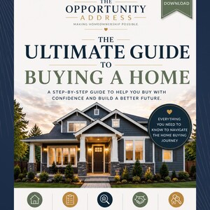 Könnte beinhalten: Ein digitaler Ratgeber mit dem Titel The Ultimate Guide to Buying a Home, der ein dunkelblaues Haus mit weißen Akzenten vor einem Sonnenuntergang zeigt. Das Dokument enthält Abschnitte zur Vorbereitung, zu Optionen, zur Haussuche und zum Prozess.