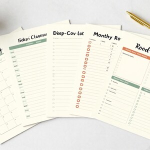 Può includere: Un set di cinque pagine per agenda color crema con testo nero e accenti verdi e arancioni. Le pagine includono intestazioni come Weekly, Deep-Cov Log, Monthly Ro e Rood-by Yomkt, con varie liste di controllo, griglie e sezioni a righe per l'organizzazione.