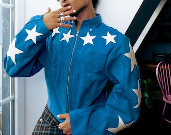 Blue Star Patch Leather Jacket – Oversized Unisex Streetwear Coat