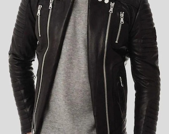 Men's Quilted Moto Leather Jacket – Classic Biker Zip-Up Jacket with Stand Collar