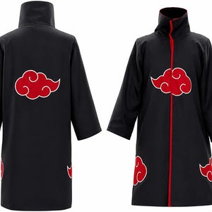 May include: A black cloak featuring a high collar and long sleeves, decorated with red cloud patterns with white outlines. The garment is shown from both the back and the front, with a red vertical trim running along the front opening of the coat.
