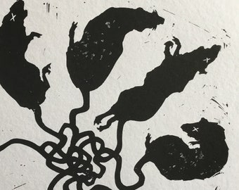 The Ratking - linocut, silhouette, black and white print