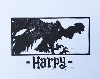 Harpy - Linocut, Black and White, Silhouette Print