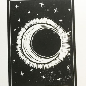 Tarot Card ‘The Moon’ - linocut, black and white print
