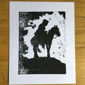 Lord of the Rings 2 Unofficial Tolkien Inspired black, white and red fantasy linocut print, Nazgul, Black Rider image 2