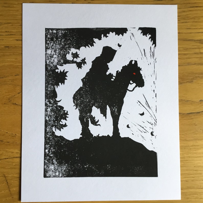 Lord of the Rings 2 Unofficial Tolkien Inspired black, white and red fantasy linocut print, Nazgul, Black Rider image 2