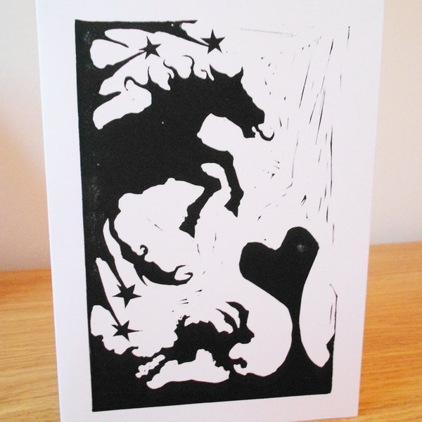 Linocut Greetings Card - Silhouette Fantasy Love