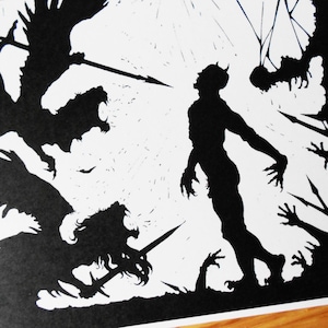 Carte postale Silhouette de noir et blanc - anges diable linogravure
