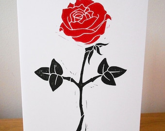 Rose Linocut Beautiful Greetings Card -  Black and Red Flower Silhouette