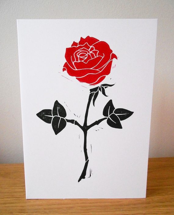 Rose Linocut Beautiful Greetings Card - Black and Red Flower