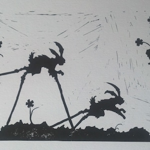 The Rabbits - linocut, black and white print