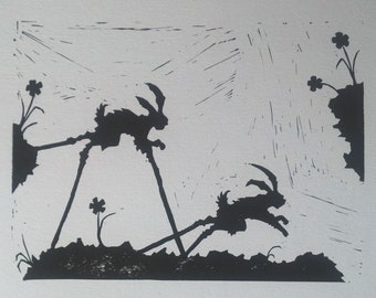 The Rabbits - linocut, black and white print