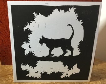 Cat In A Tree Greetings Card - Linocut