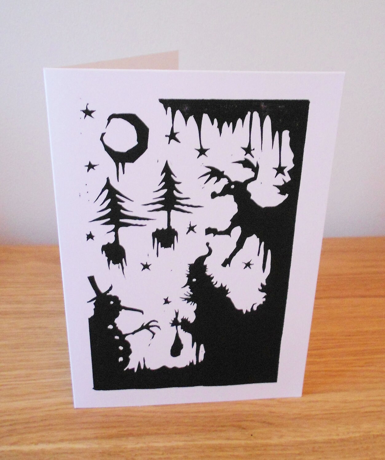 Christmas Linocut Greetings Card - Silhouette Snowman, Santa and Rudolph