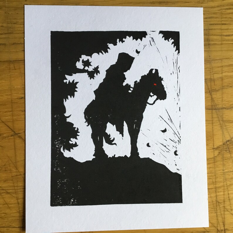 Lord of the Rings 2 Unofficial Tolkien Inspired black, white and red fantasy linocut print, Nazgul, Black Rider image 3