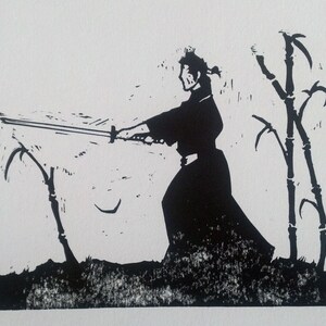 Samouraï #2 - linogravure en noir et blanc impression