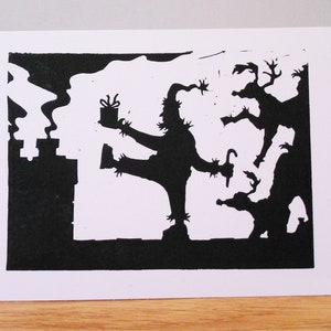 Linolschnitt Grüße Weihnachtskarte - Silhouette-Weihnachtsmann und Rentier