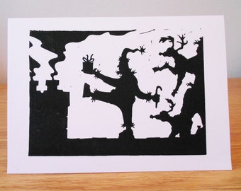 Christmas Linocut Greetings Card - Silhouette Santa Claus and Reindeer