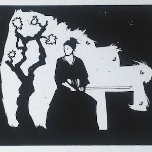 Samouraï #1 - linogravure en noir et blanc impression