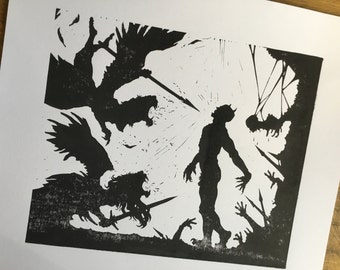 A Confrontation - Black and White Silhouette Linocut, Fantasy, Angels & Demons, The Devil
