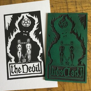 Tarot-Karte &#39; Der Teufel &#39;-Linocut, Schwarz-Weiß-Print