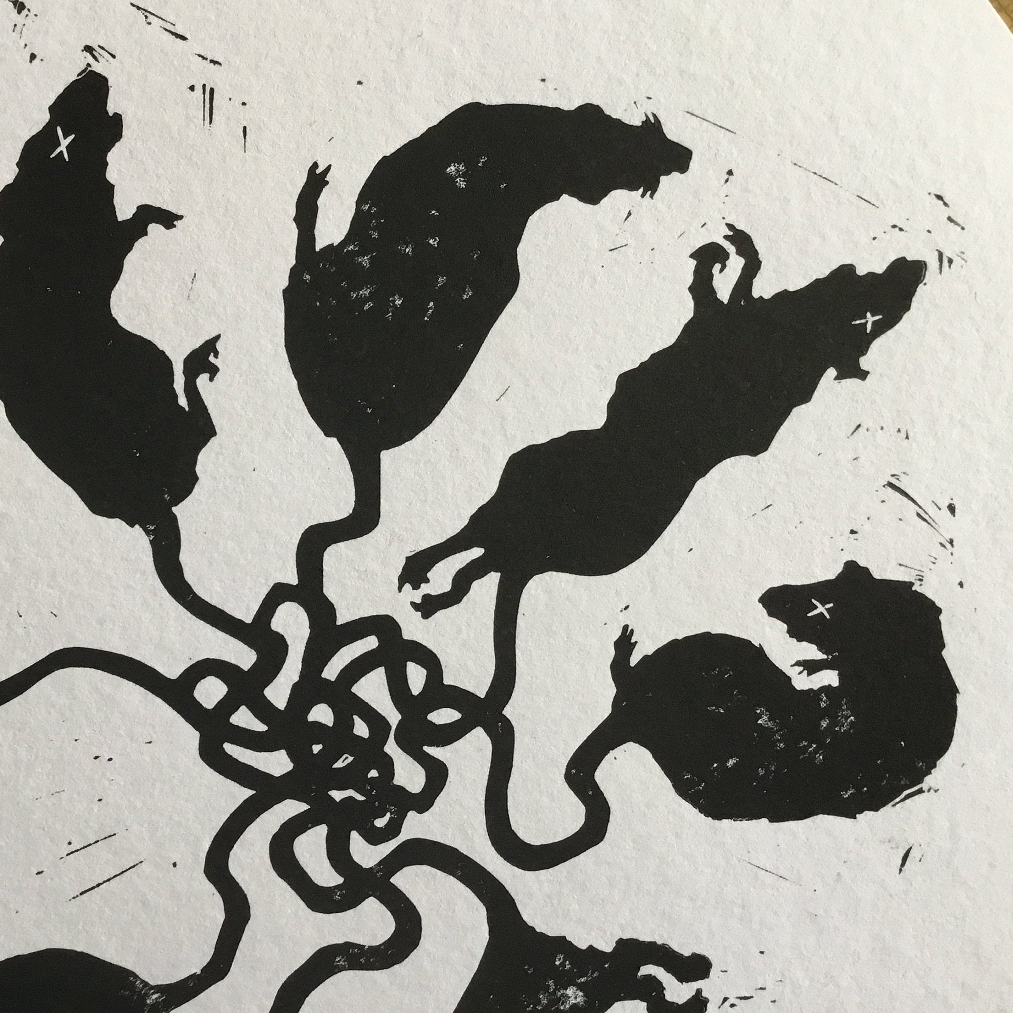 Rat King Lino Print / King Rat / Morbid Art 