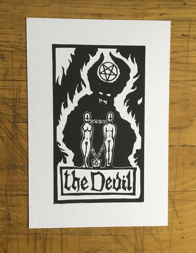 Tarot Card the Devil Linocut Black And White Print Etsy
