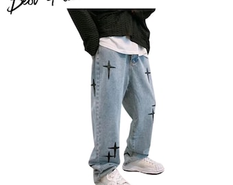 Men’s Baggy Wide Leg Denim Jeans, Loose Fit Streetwear Cargo Style Casual Pants