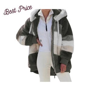 May include: A hooded jacket featuring a plush, faux-fur texture with horizontal colour-blocked stripes in olive green, white, and beige. The jacket includes a full-length front zip, ribbed cuffs, and a drawstring hood. The text Best Price is visible.