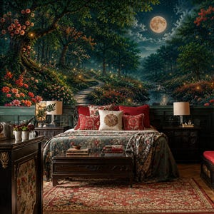 Könnte beinhalten: Ein Schlafzimmer mit einem Bett, das eine geblümte Tagesdecke, rote Zierkissen und ein cremefarbenes Kissen in der Mitte hat. Eine dunkle Holztruhe steht auf einem roten Teppich am Fußende. Die Wand zeigt ein Wandbild eines nächtlichen Waldwegs.