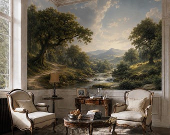 Vintage Landscape Painting Wall Mural: Peel and Stick Wallpaper