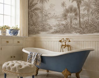 Vintage Palm Landscape Wallpaper Mural: Peel and Stick Neutral Decor