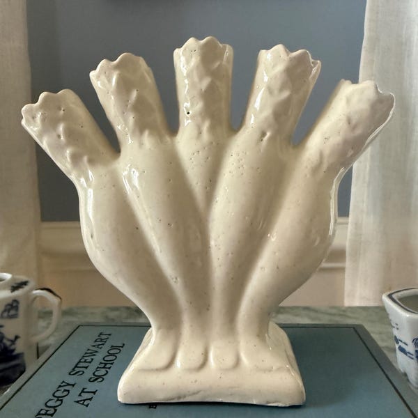 Vintage Cream Ceramic Five Finger Tulipiere Vase