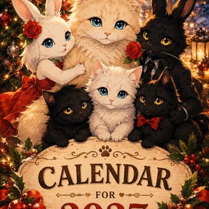 May include: A 2027 calendar featuring an illustration of a white rabbit, a fluffy cream cat, a black rabbit, and two small kittens. The calendar is decorated with festive holiday greenery, red berries, and a Christmas tree in the background.