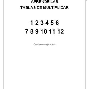 Puede incluir: Una portada de cuaderno de práctica blanca con texto negro que dice APRENDE LAS TABLAS DE MULTIPLICAR, seguido de los números del 1 al 12 en dos filas, el texto Cuaderno de práctica y el pie de página Gre'S Store en la parte inferior.