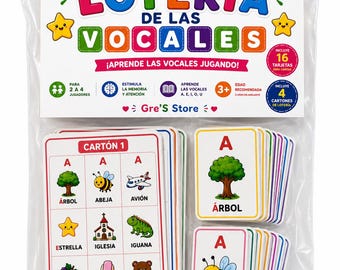 May include: A clear plastic bag containing a Loteria de las Vocales educational game. The header card features the text LOTERIA DE LAS VOCALES, 16 tarjetas, 4 cartones, and graphics of stars. Inside are game boards and cards with Spanish words and illustrations.