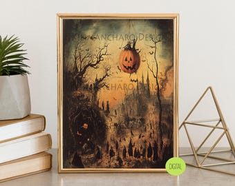Arte de Halloween de Hieronymus Bosch | Impressão surrealista de abóbora (Download digital)