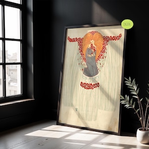 Può includere: Una stampa d'arte incorniciata che presenta un'illustrazione stilizzata di una figura con lunghi capelli arancioni, che indossa una veste blu scuro, circondata da motivi floreali rossi e linee verticali, con il testo "NOTE-BLOKEN" su un banner.